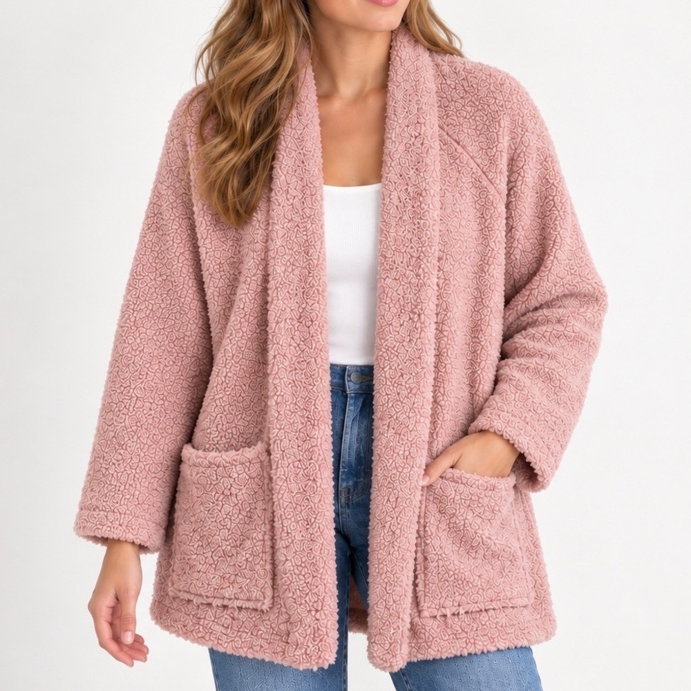 Knapp Studio Pink Bouclé Teddy Jacket XL Open Front Cozy Lined Coat